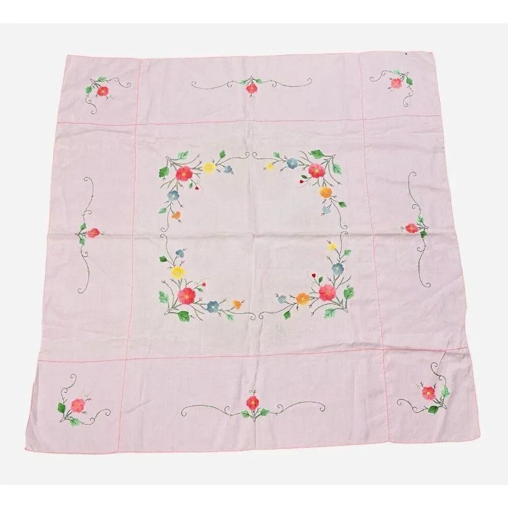 Vintage Handmade Pink Square Embroidered Floral Tablecloth 42 x 41 Appliqué Cute